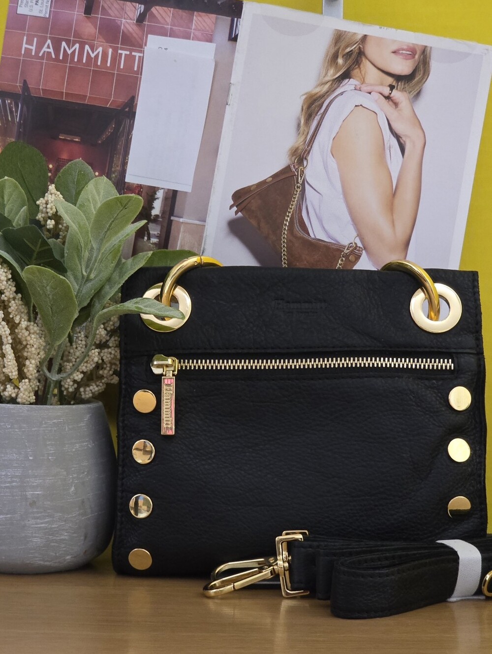 Hammitt Black Leather SM Tony Crossbody Bag with Gold Hardware
